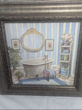 Vintage-Style Framed Bathroom Wall Art in Blue and Cream